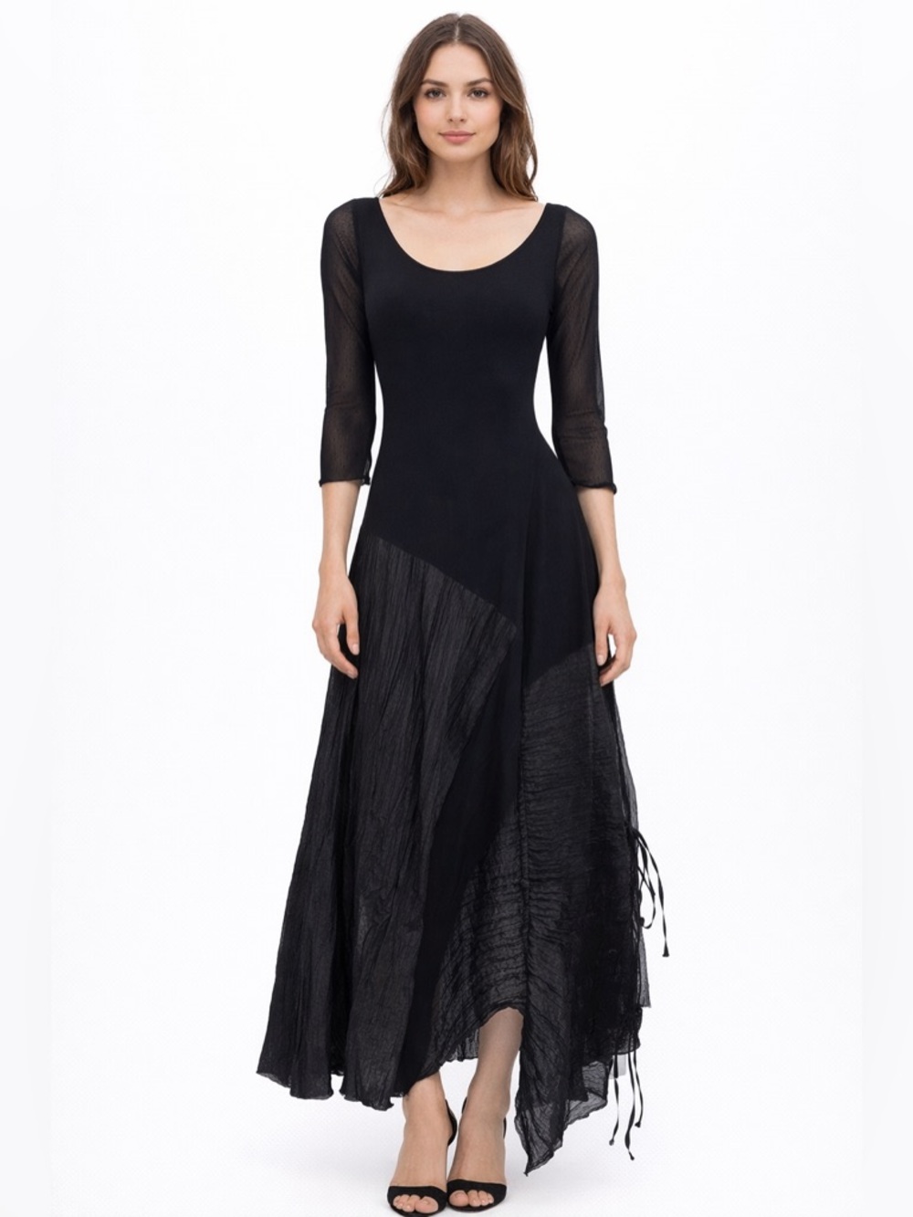 Petit Pois Couture Black Asymmetrical Mesh Maxi Dress XS